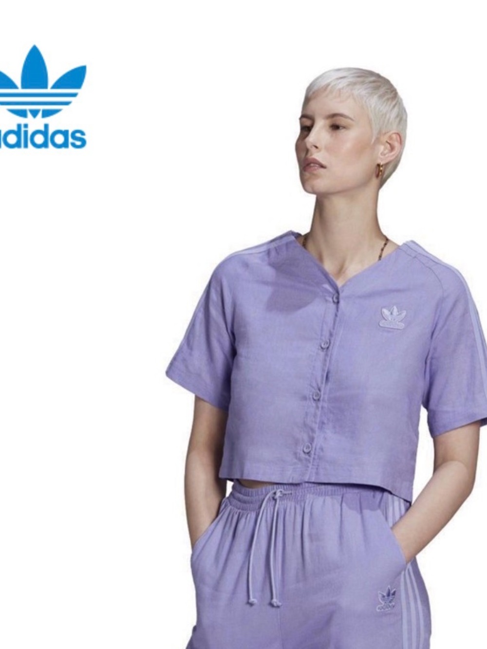 Adidas Originals Lilac Linen Crop Baseball Shirt Trefoil HB9528